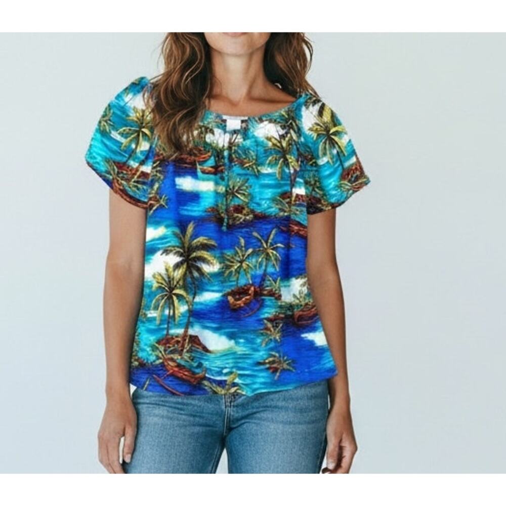 Vintage Bishop St. blouse women's M Hawaiian palm tree ocean tropical aloha top